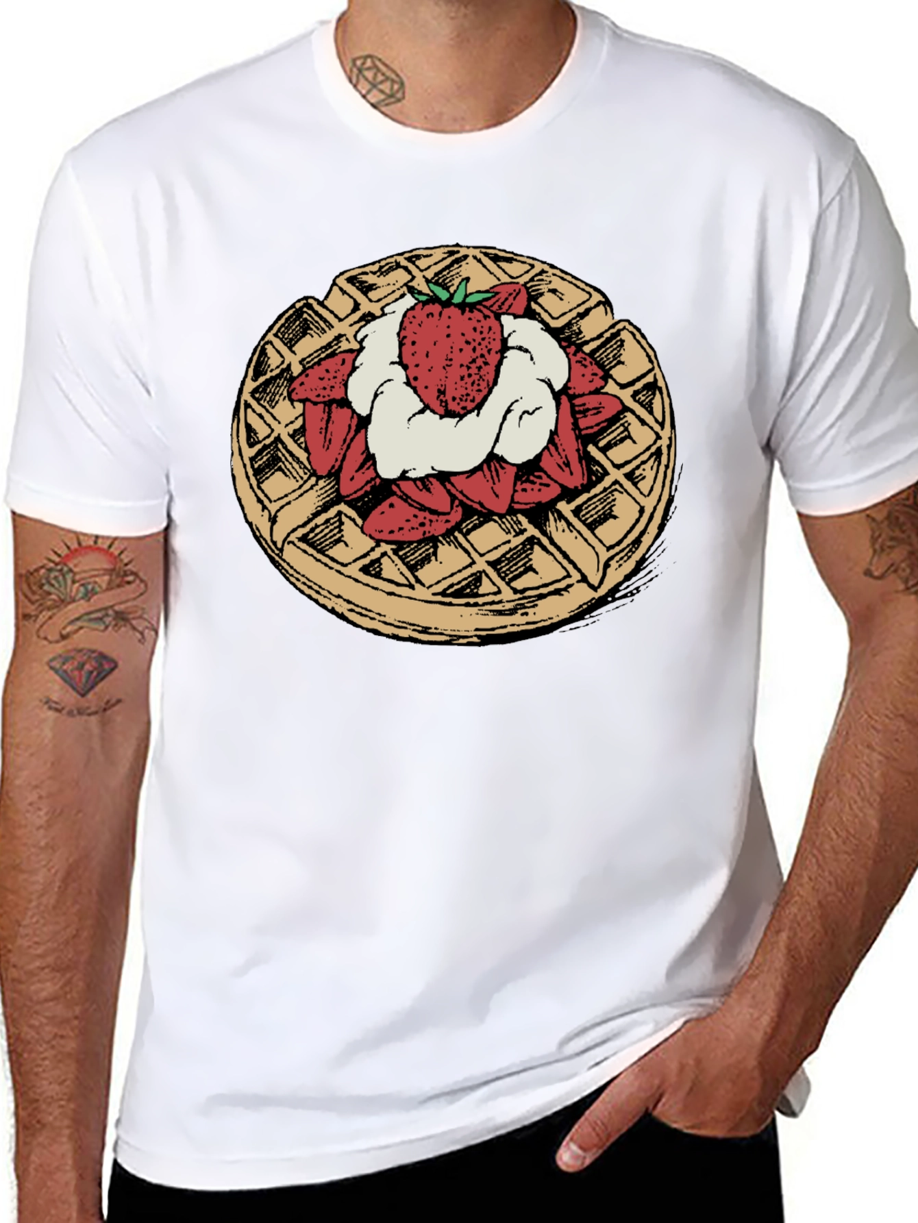 Waffle & Strawberry Graphic Tee - Unique Foodie T-Shirt