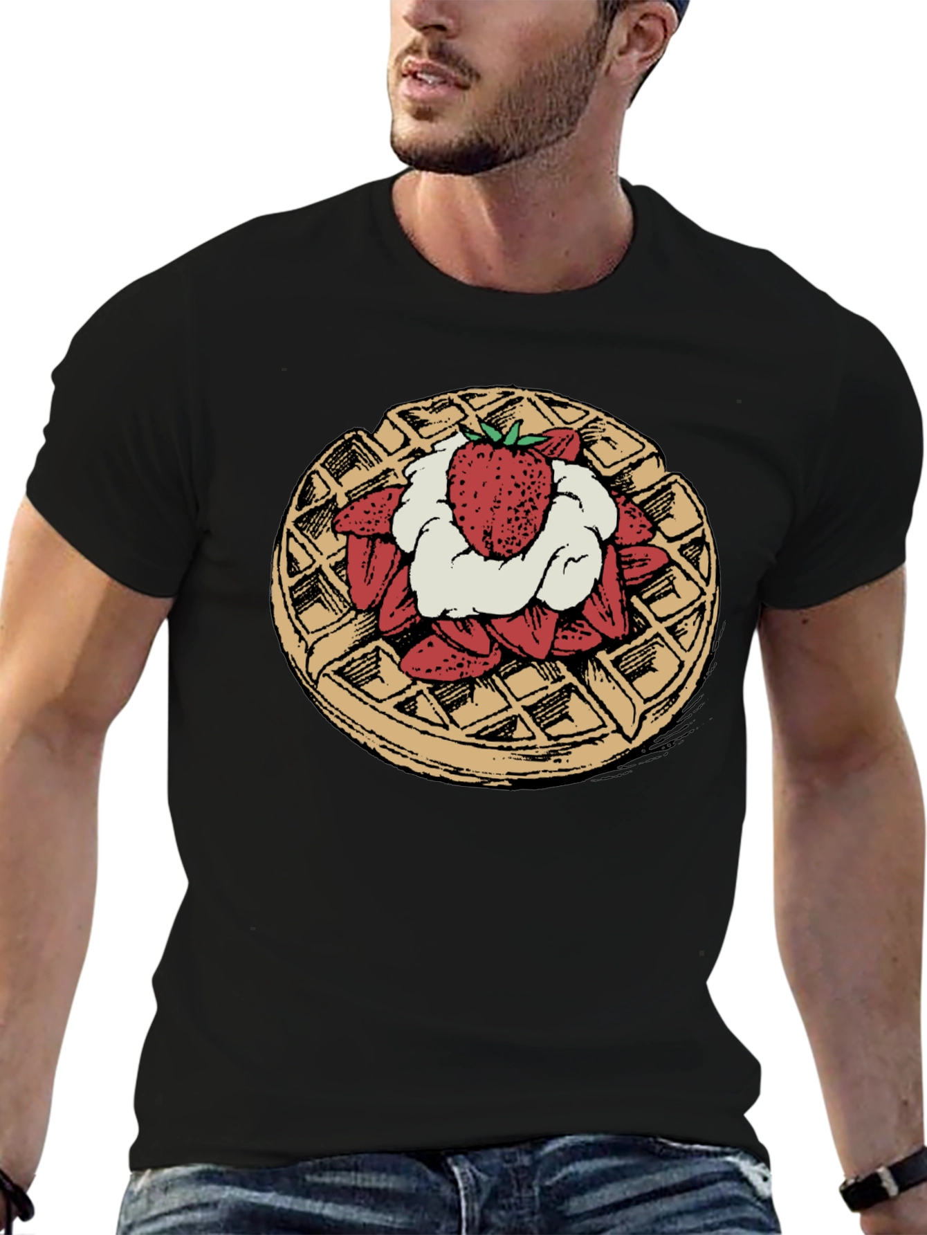 Waffle & Strawberry Graphic Tee - Unique Foodie T-Shirt