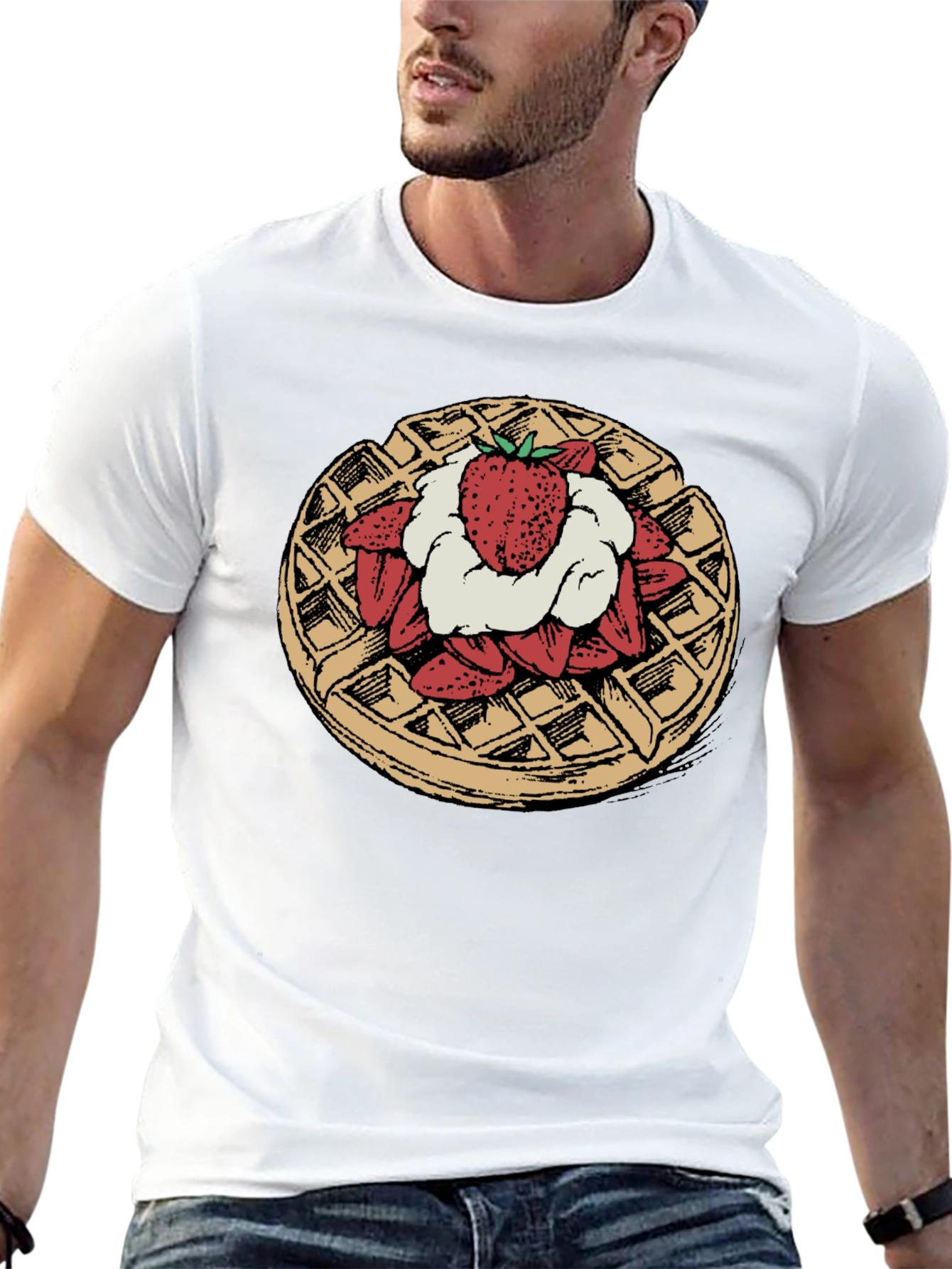 Waffle & Strawberry Graphic Tee - Unique Foodie T-Shirt