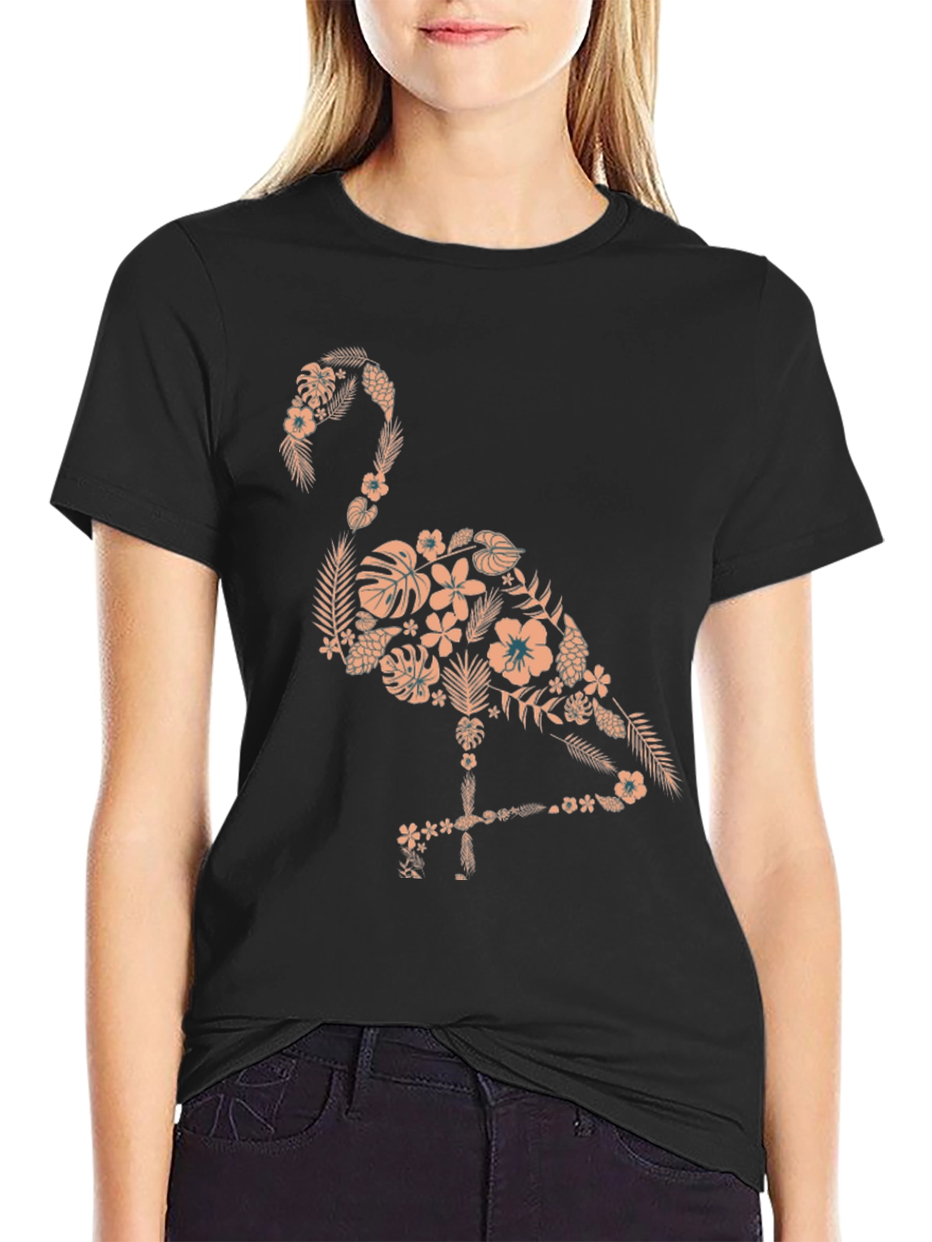 Floral Flamingo Graphic Tee - Black Cotton Shirt