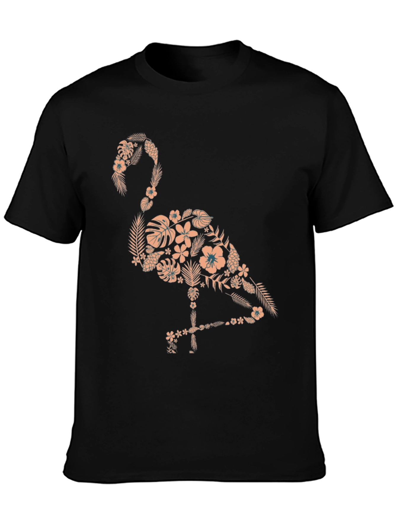 Floral Flamingo Graphic Tee - Black Cotton Shirt