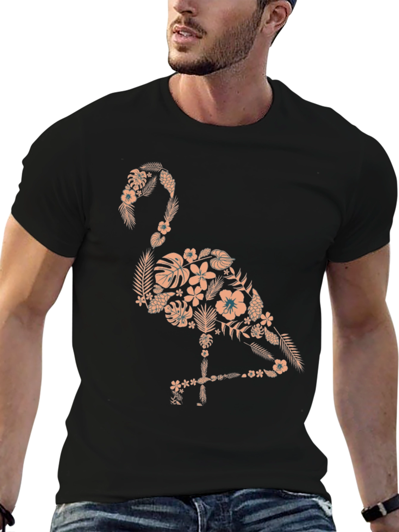 Floral Flamingo Graphic Tee - Black Cotton Shirt