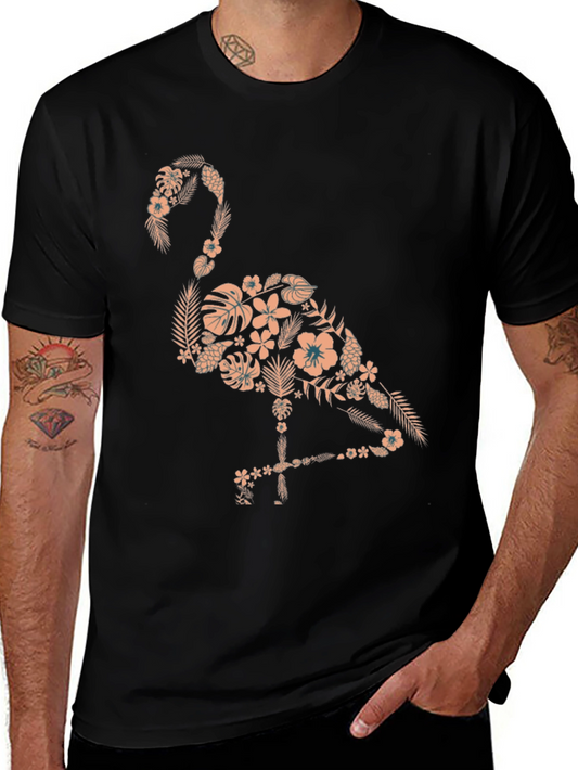 Floral Flamingo Graphic Tee - Black Cotton Shirt