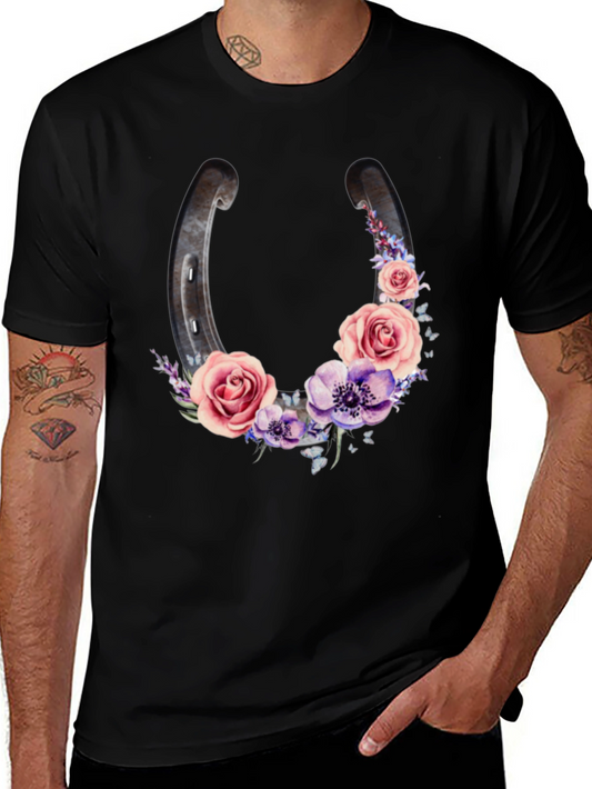 Floral Horseshoe Graphic Black T-Shirt