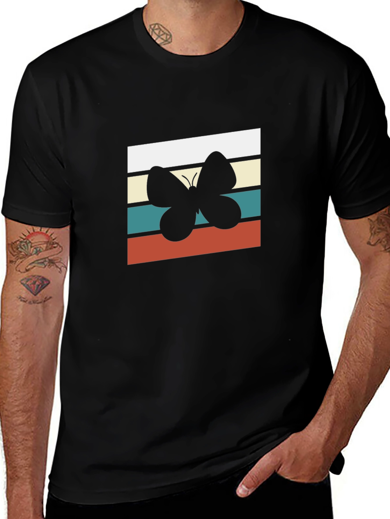 Retro Butterfly Graphic Tee - Stylish Mens Black T-Shirt