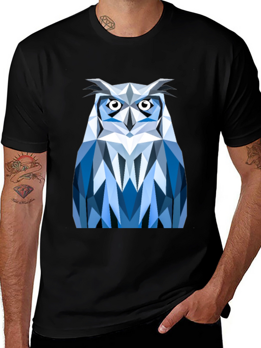 Geometric Owl Print Black T-Shirt