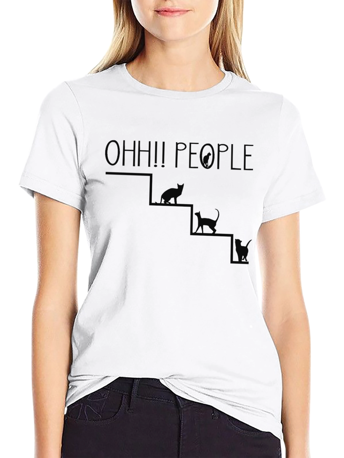 OHH!! PEOPLE Cat Stairs Graphic Black T-Shirt