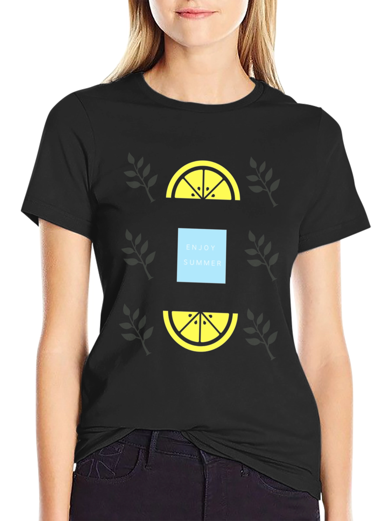 Enjoy Summer Black T-Shirt with Lemon Graphic