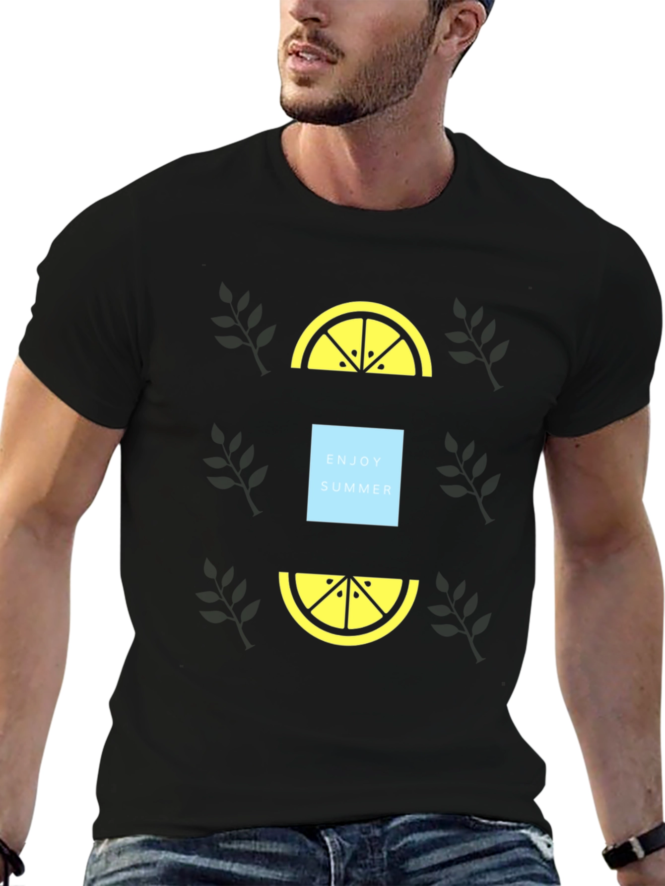 Enjoy Summer Black T-Shirt with Lemon Graphic