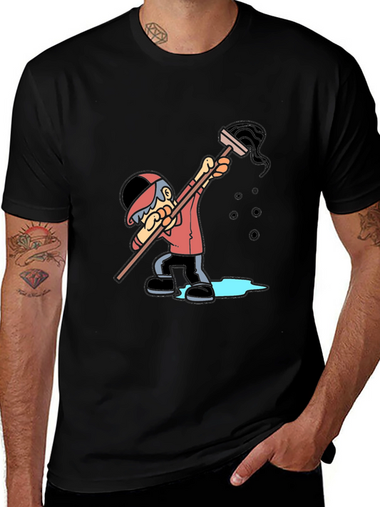 Cartoon Janitor Graphic T-Shirt - Black Cotton Blend