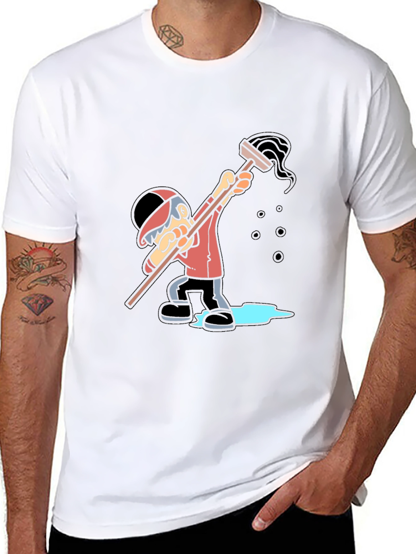 Cartoon Janitor Graphic T-Shirt - Black Cotton Blend