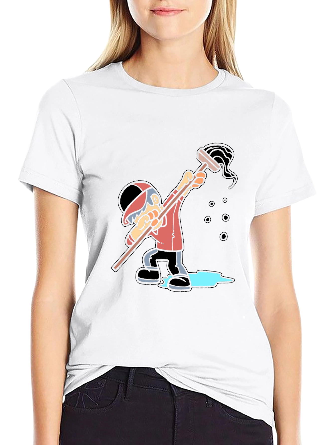 Cartoon Janitor Graphic T-Shirt - Black Cotton Blend