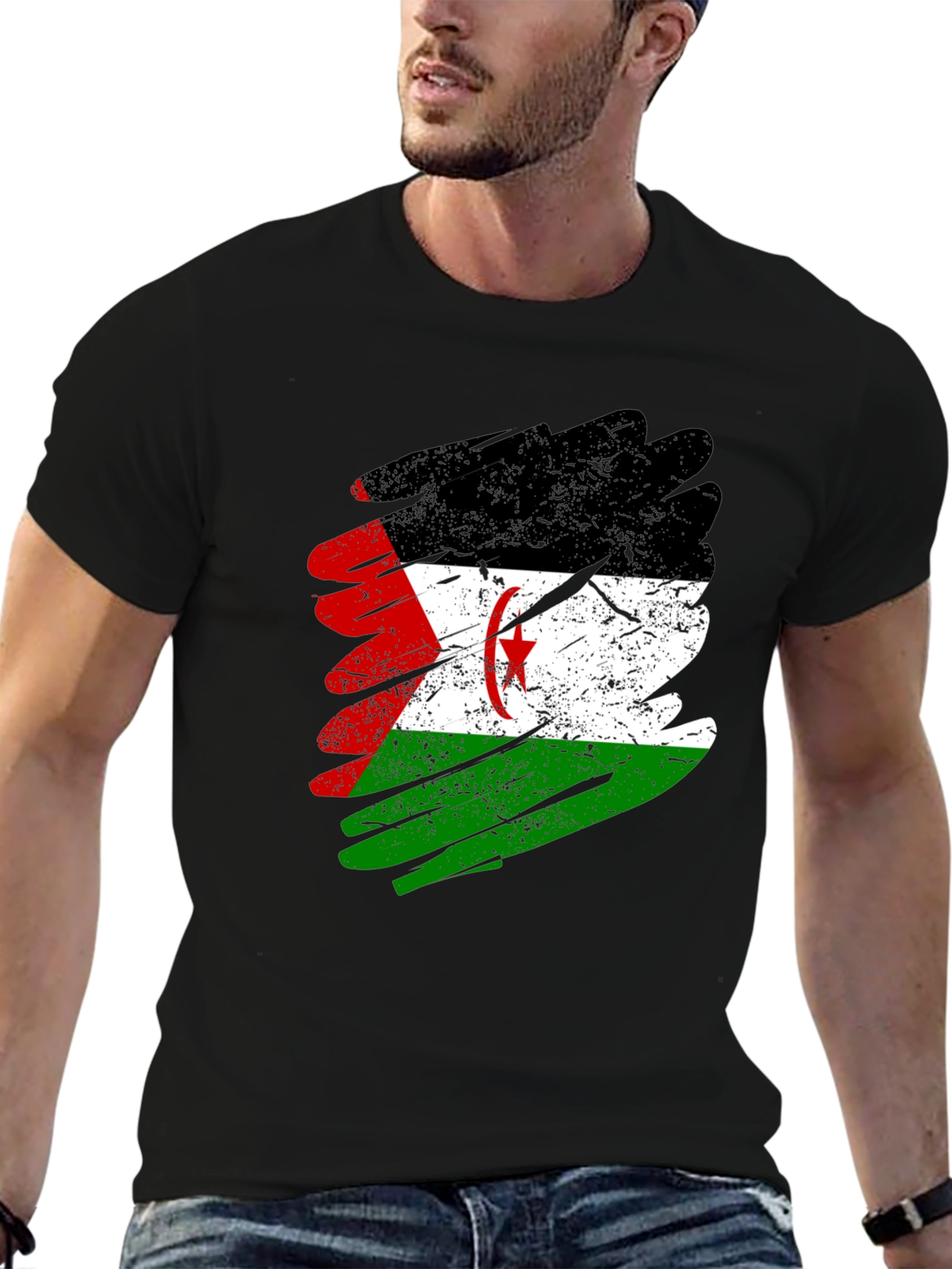 Western Sahara Flag Brush Stroke Mens Black T-Shirt