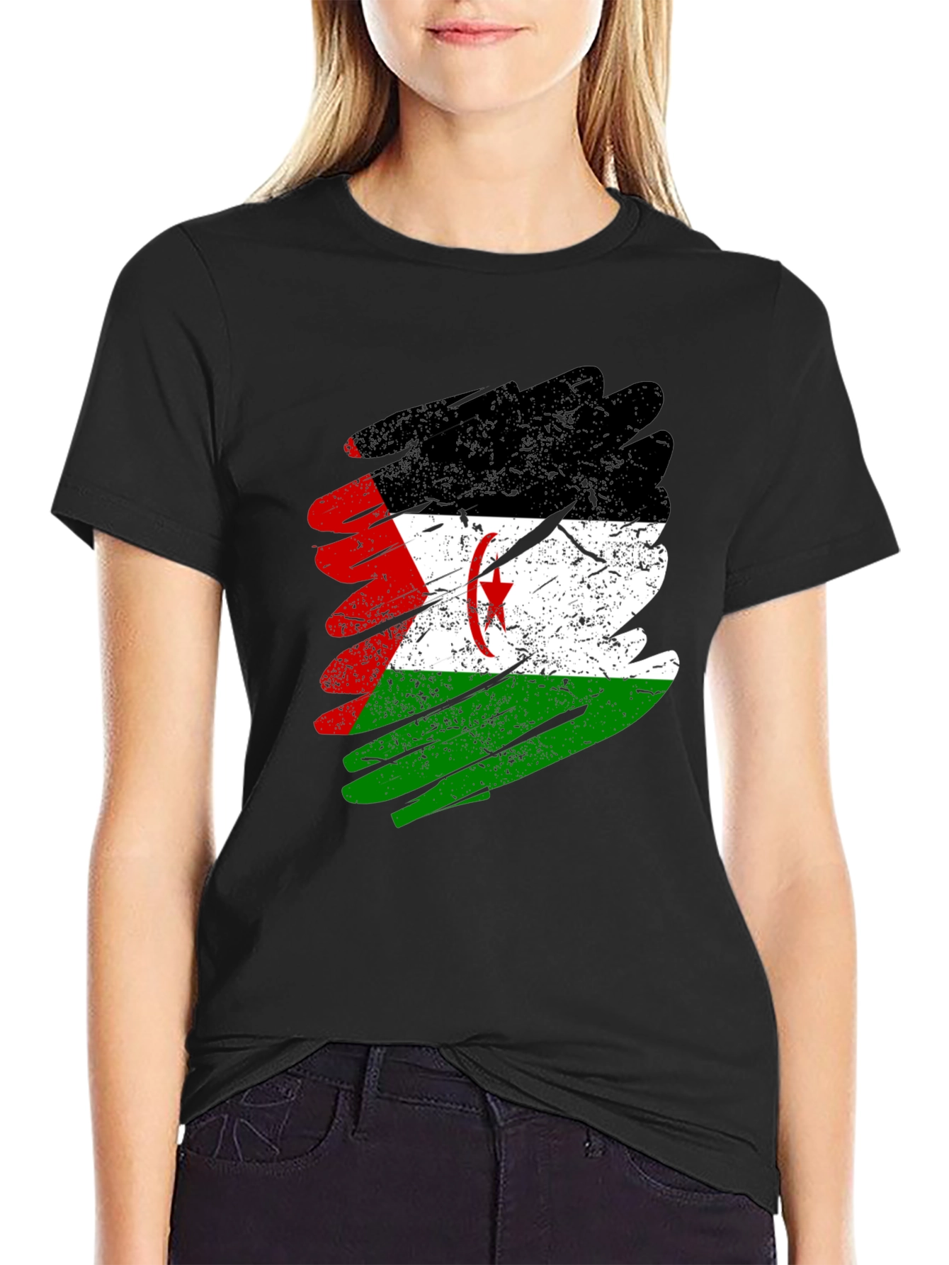 Western Sahara Flag Brush Stroke Mens Black T-Shirt