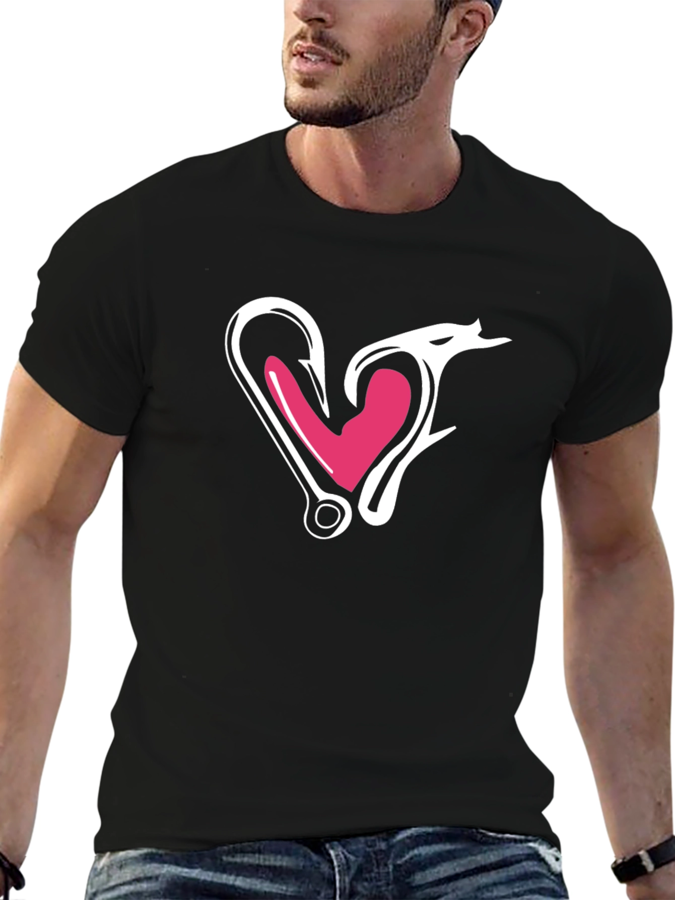 Fishing Hook Heart Graphic Tee - Black