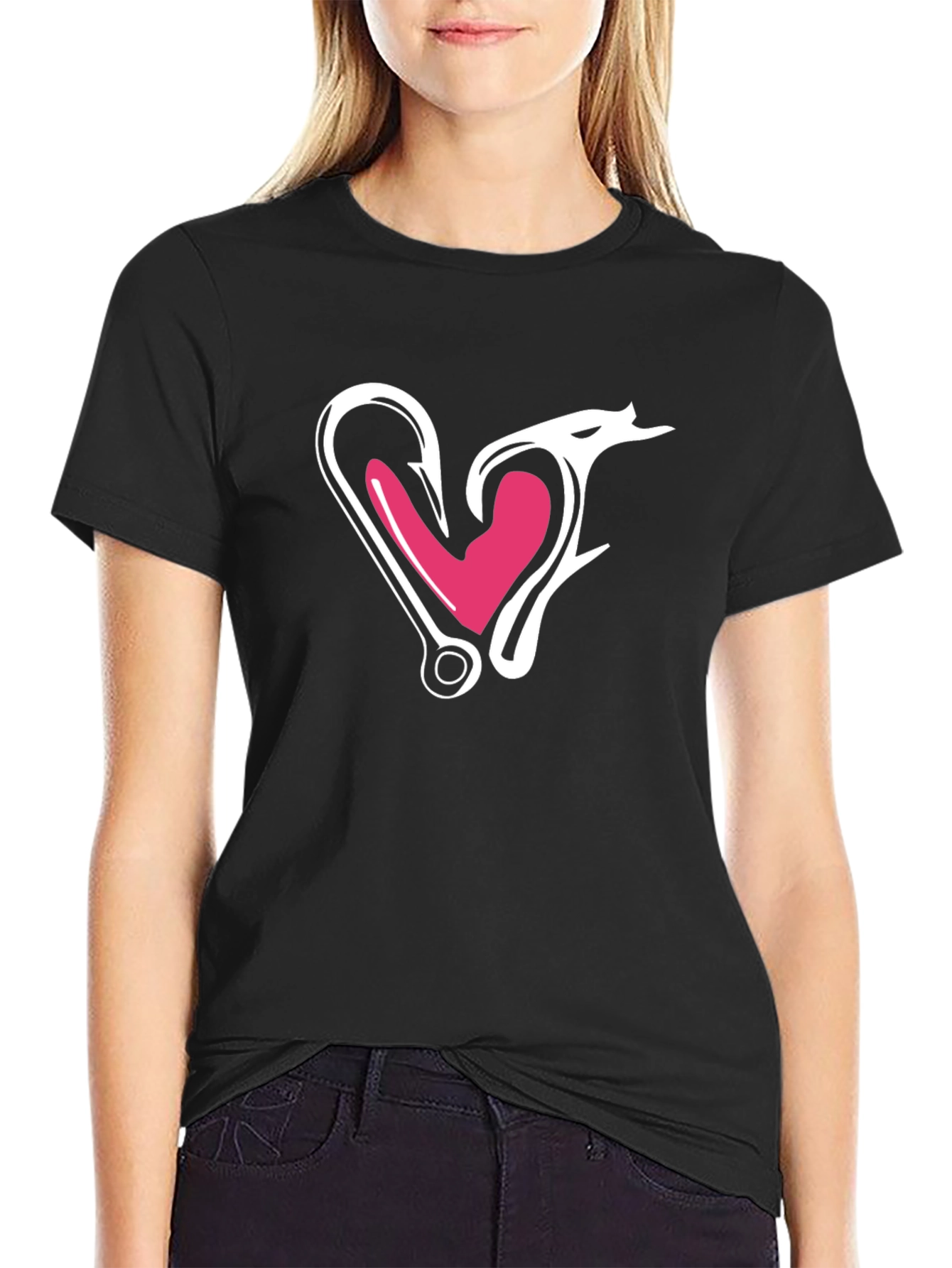 Fishing Hook Heart Graphic Tee - Black