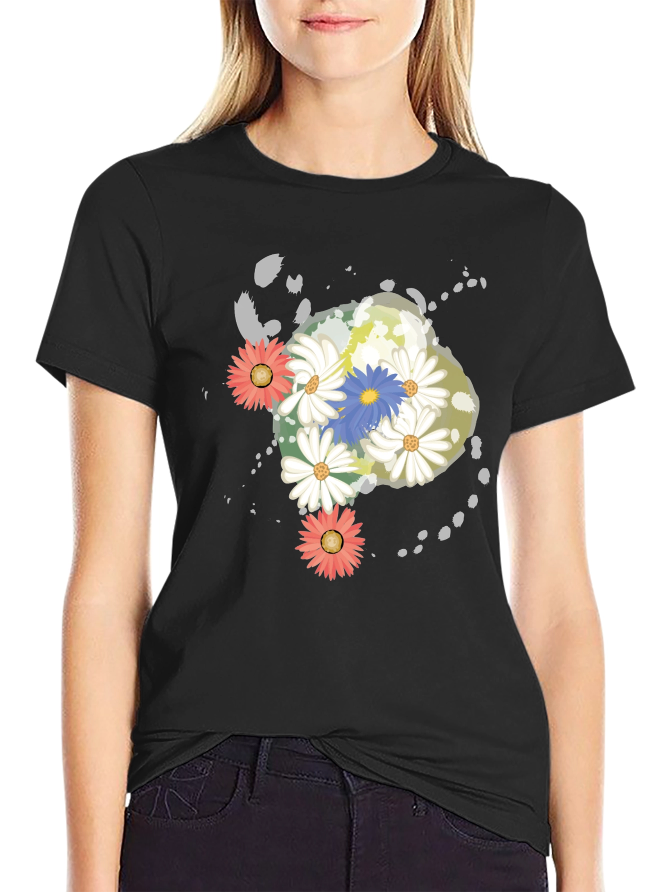 Floral Graphic Print Black T-Shirt