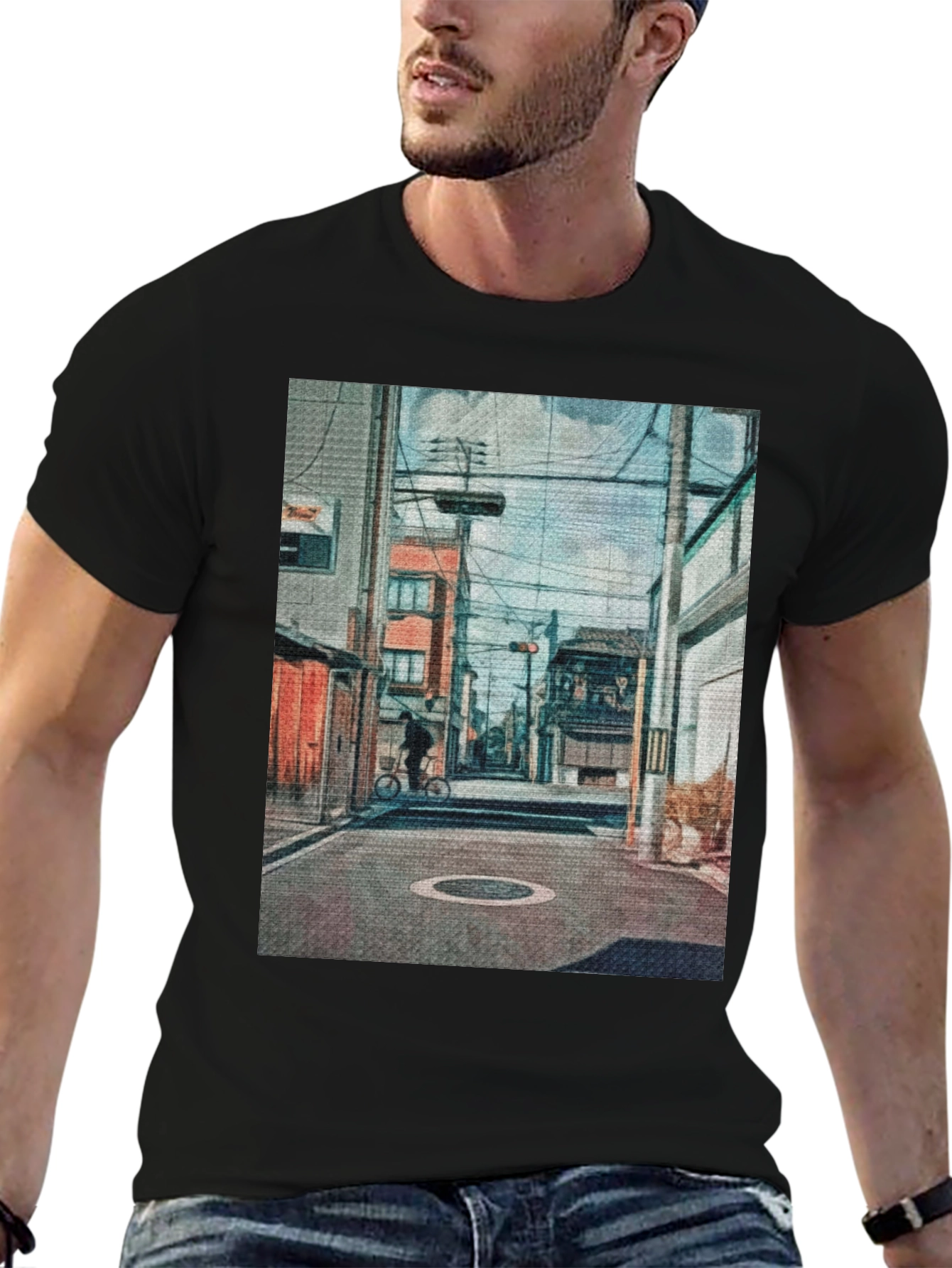 Cityscape Print Black T-Shirt