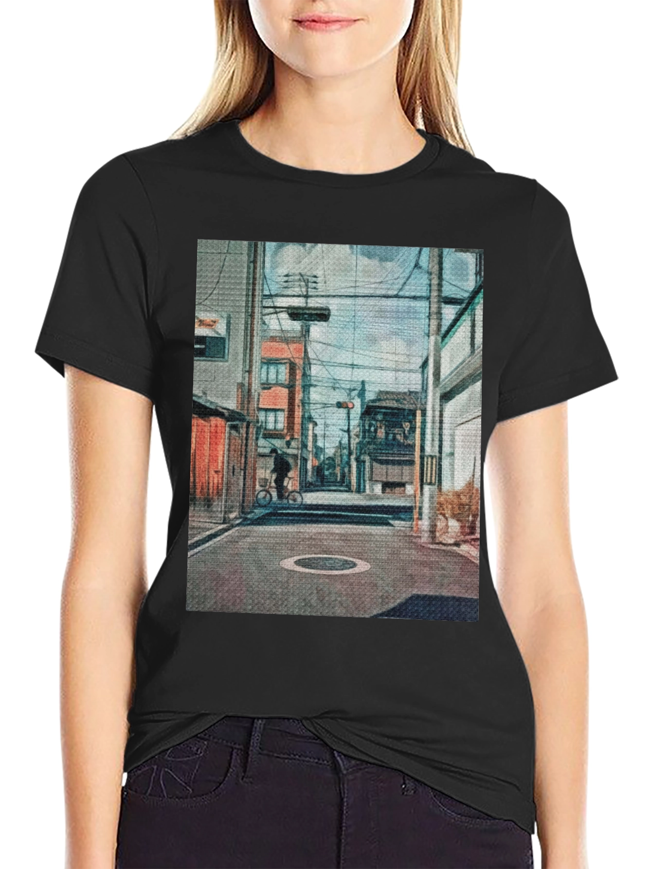 Cityscape Print Black T-Shirt