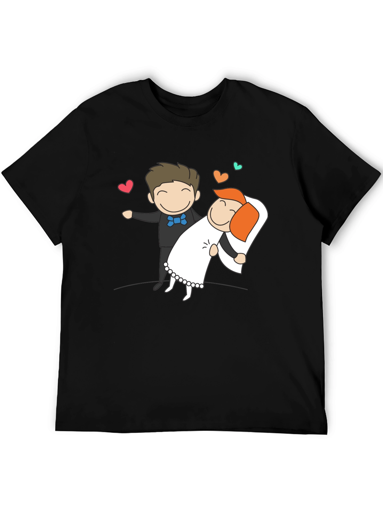 Cartoon Wedding Couple Graphic Tee - Black T-Shirt