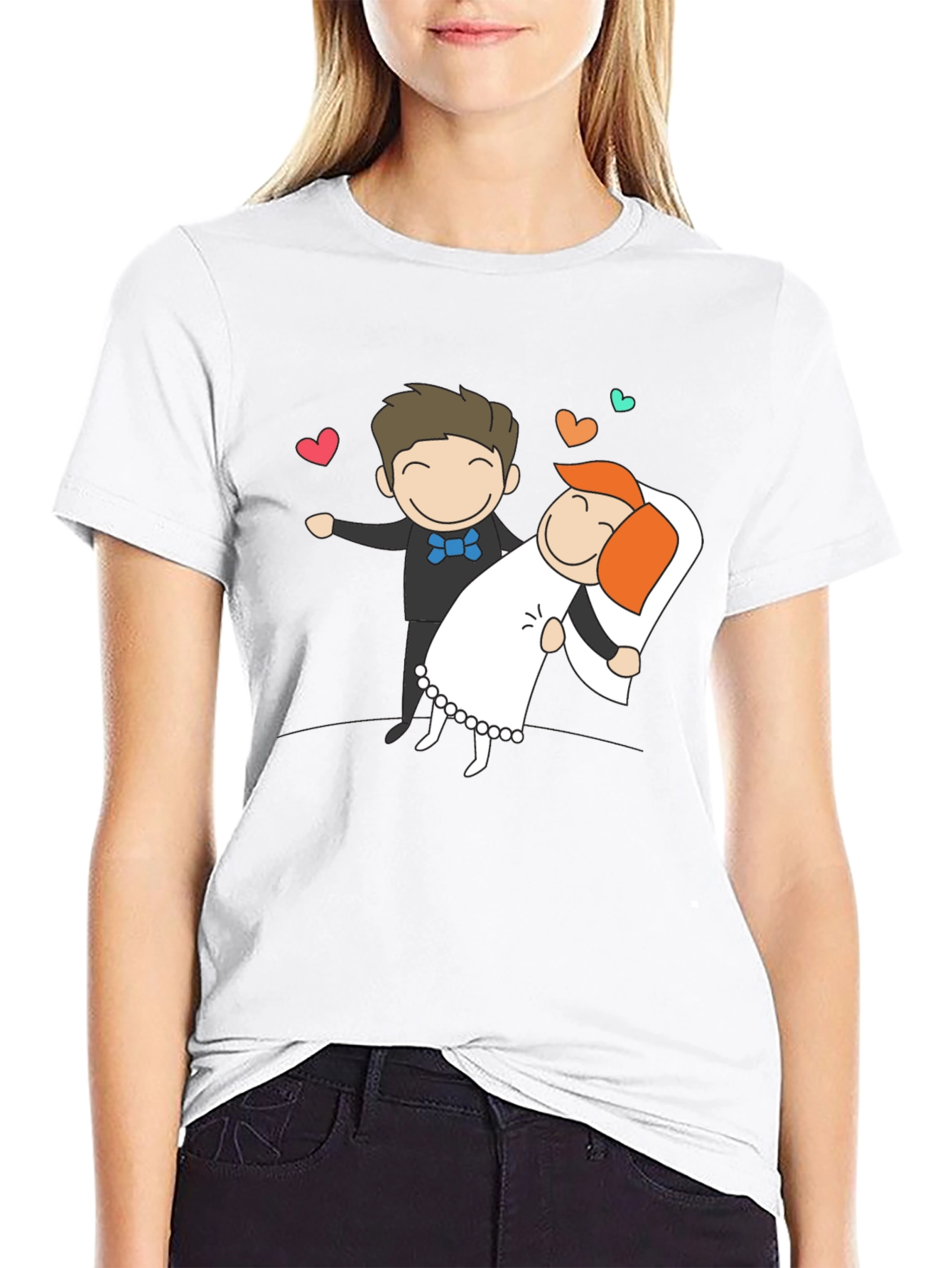 Cartoon Wedding Couple Graphic Tee - Black T-Shirt
