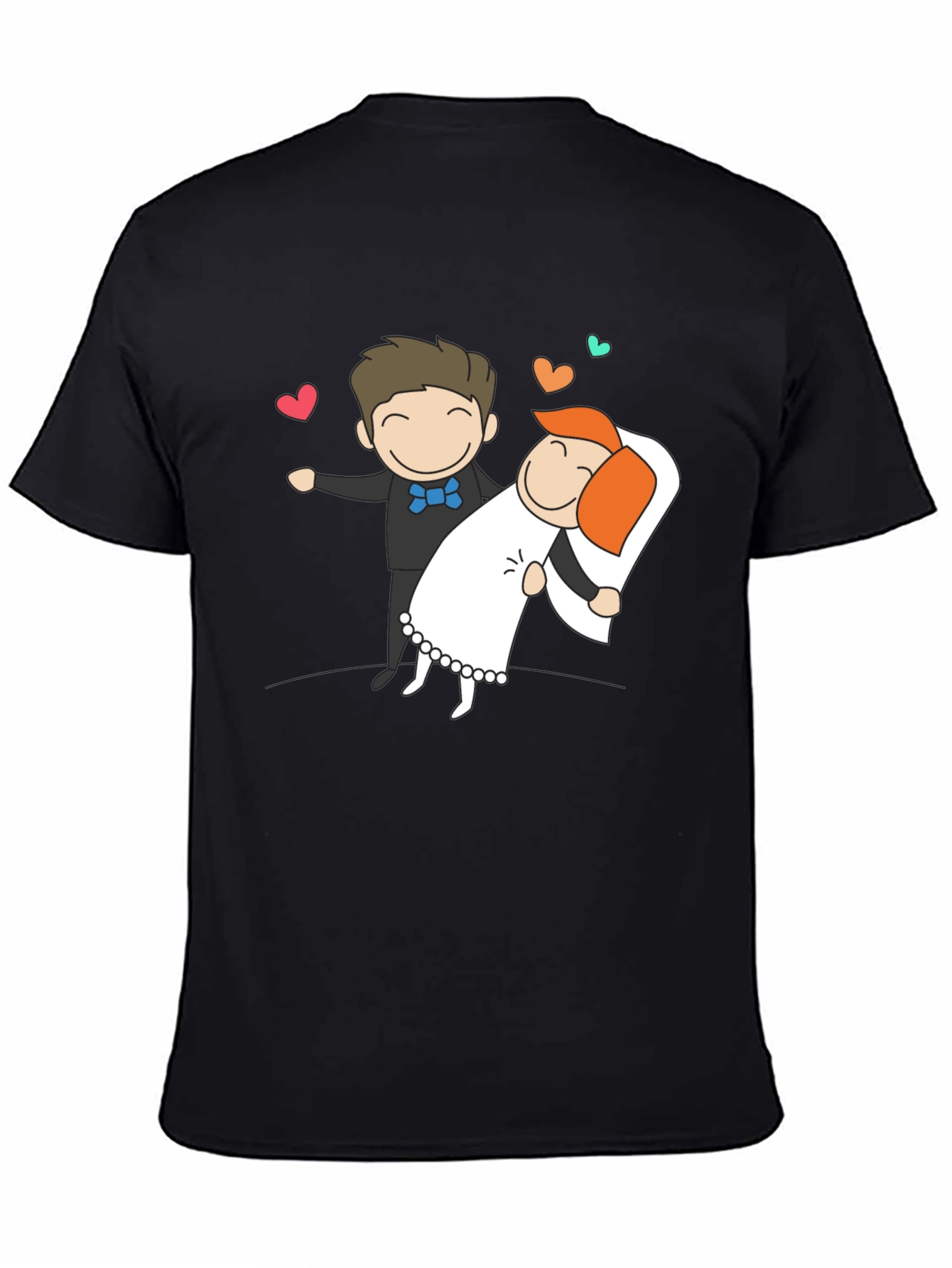 Cartoon Wedding Couple Graphic Tee - Black T-Shirt