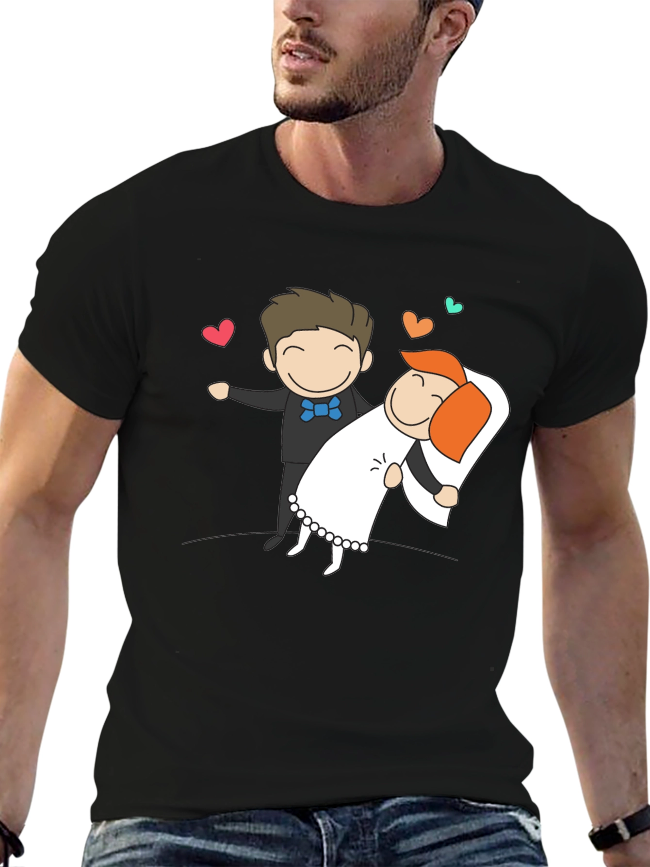 Cartoon Wedding Couple Graphic Tee - Black T-Shirt