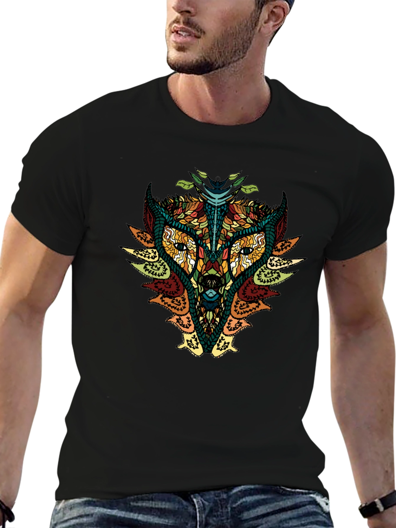 Geometric Wolf Graphic Print Mens Black T-Shirt