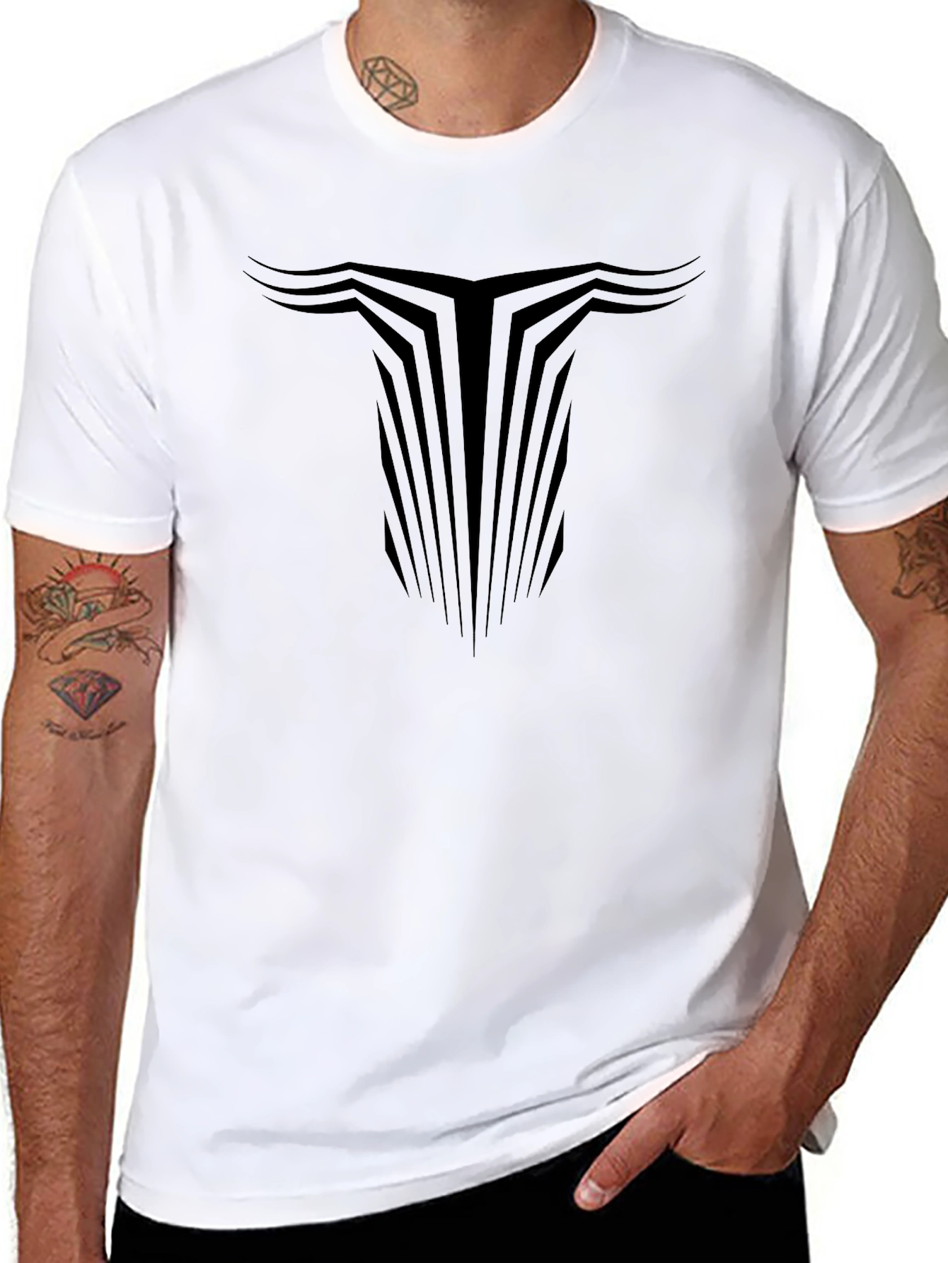 Modern Geometric Bull Head Graphic Black T-Shirt