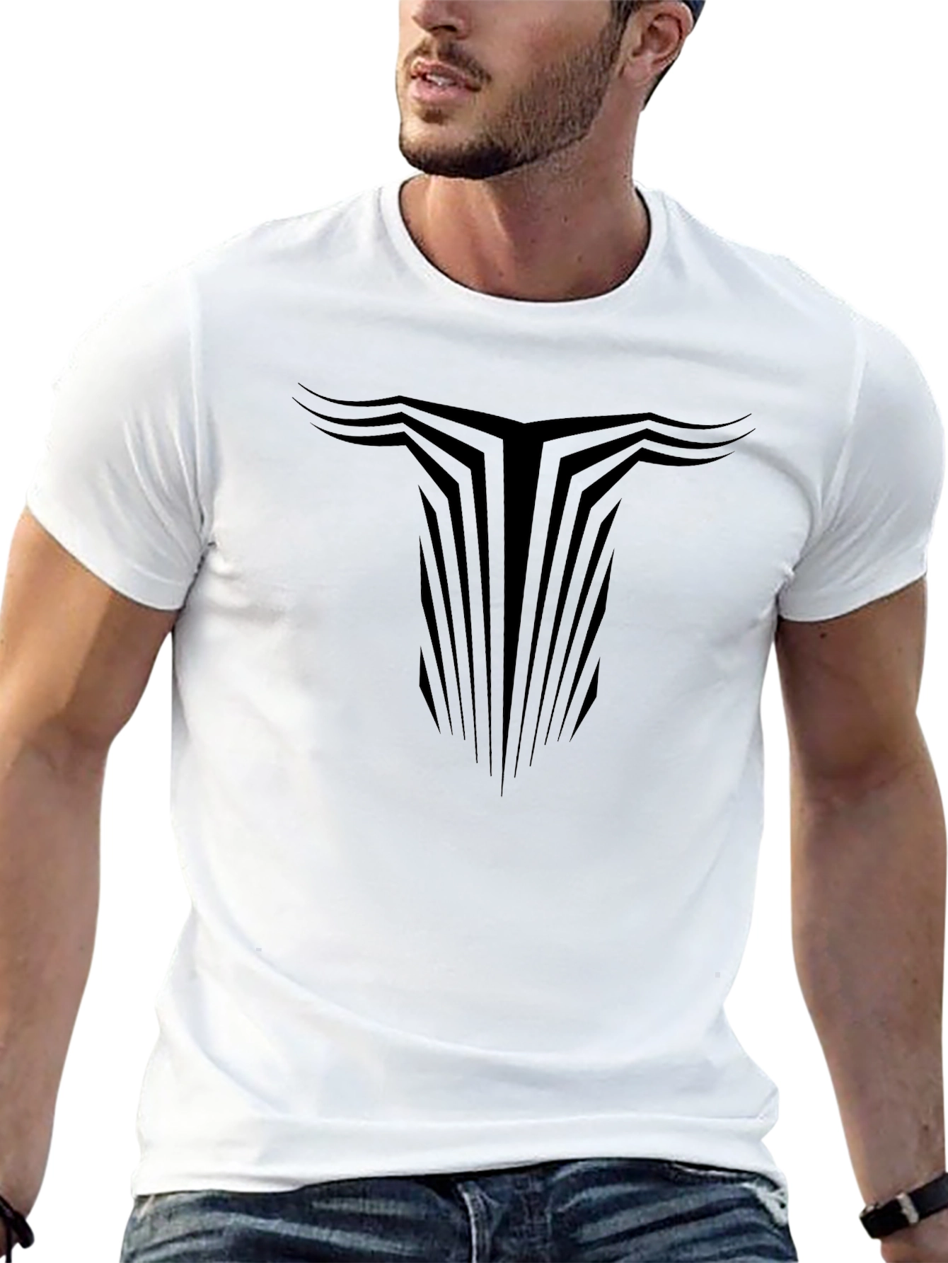 Modern Geometric Bull Head Graphic Black T-Shirt