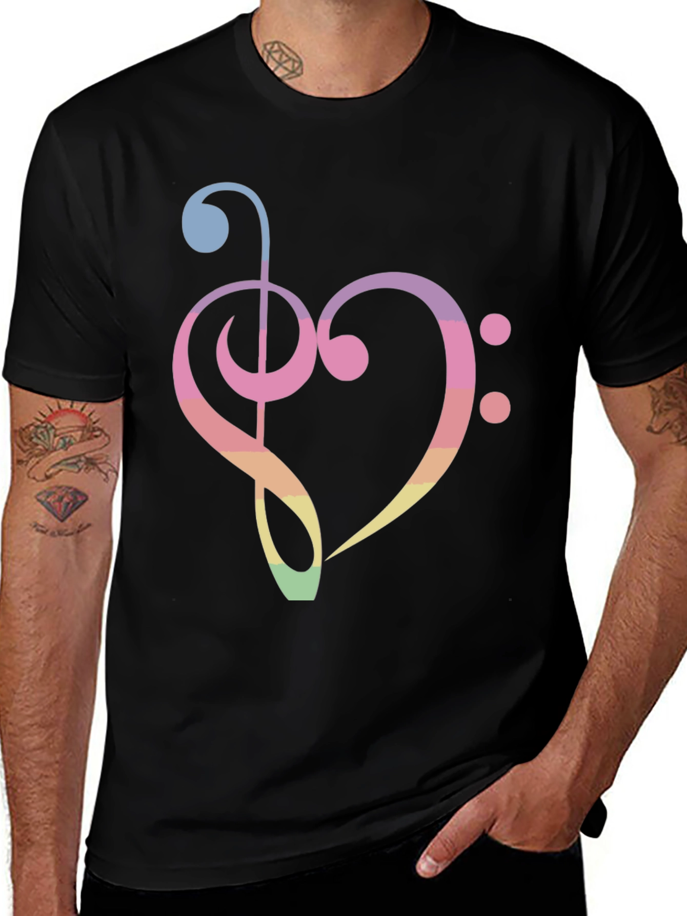 Music Heart T-Shirt - Rainbow Treble Clef Bass