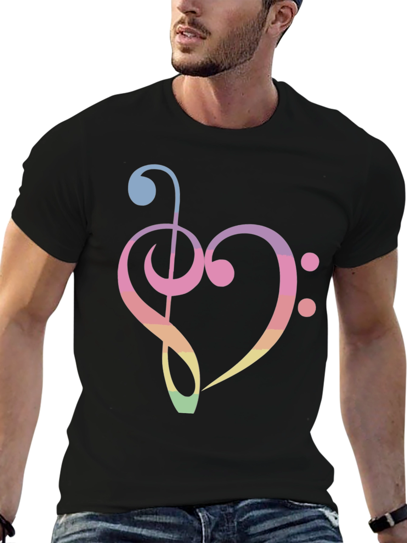 Music Heart T-Shirt - Rainbow Treble Clef Bass