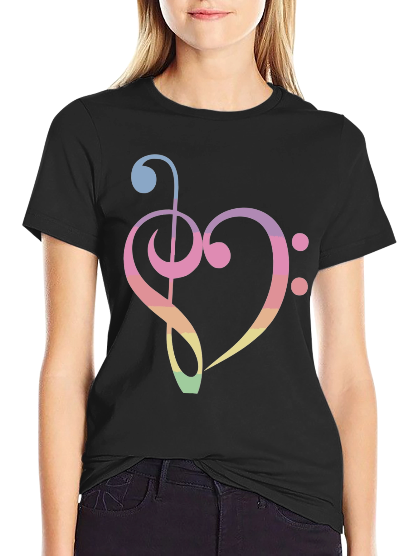 Music Heart T-Shirt - Rainbow Treble Clef Bass