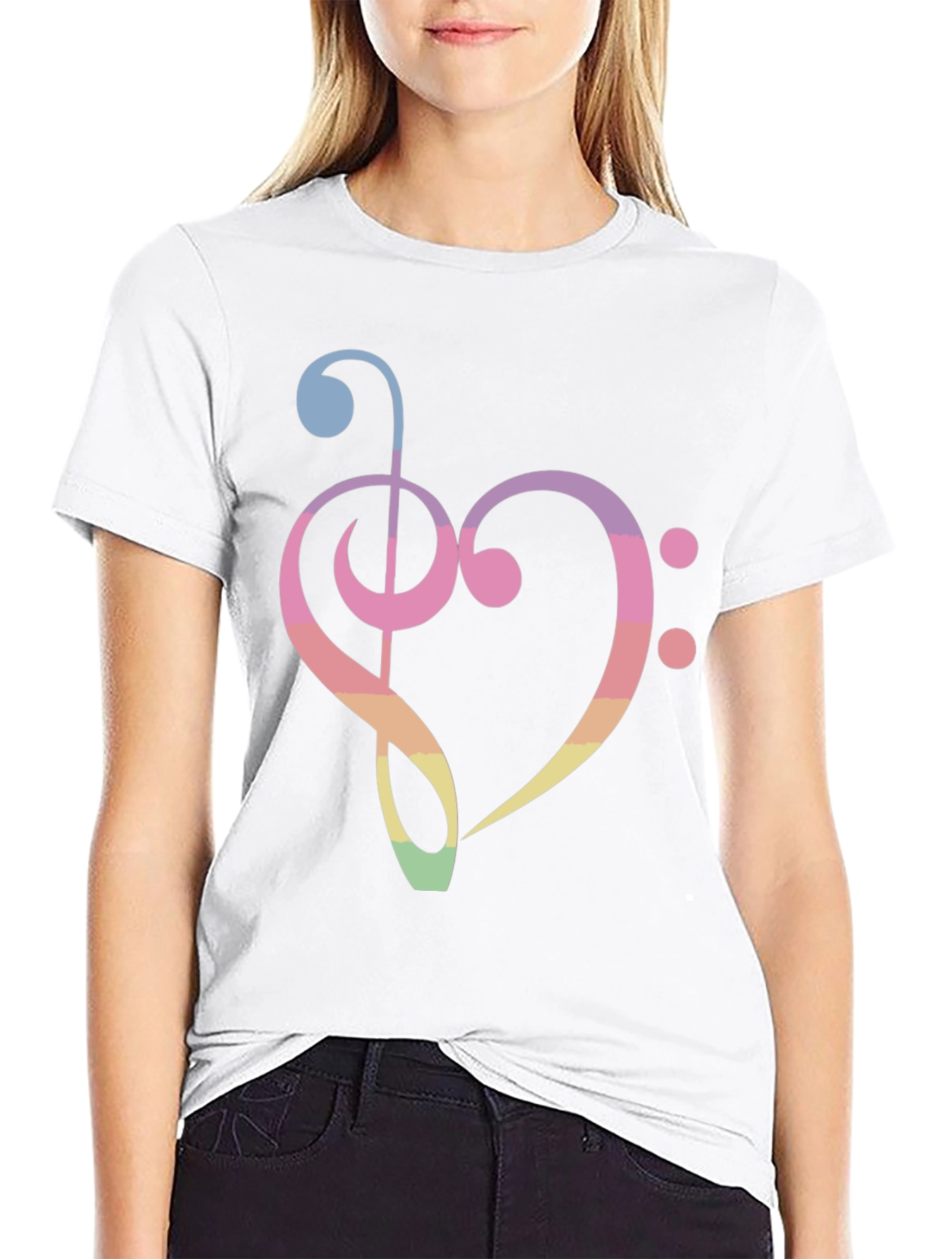 Music Heart T-Shirt - Rainbow Treble Clef Bass
