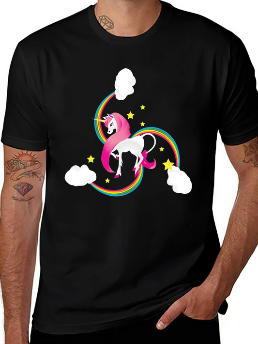 Unicorn Rainbow Stars Graphic Tee - Black Cotton T-Shirt