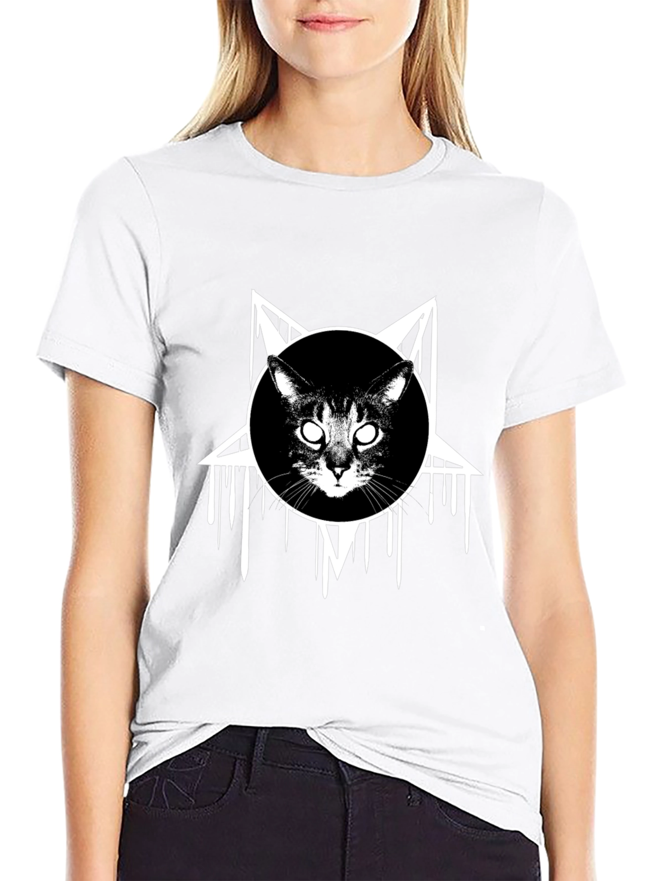 Occult Cat Graphic Tee - Black Cotton T-Shirt