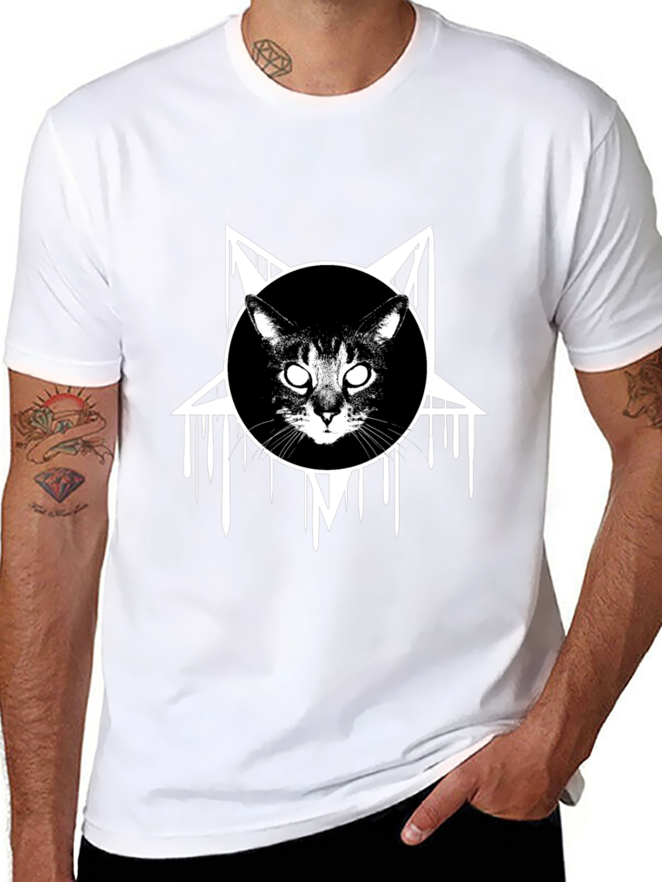 Occult Cat Graphic Tee - Black Cotton T-Shirt