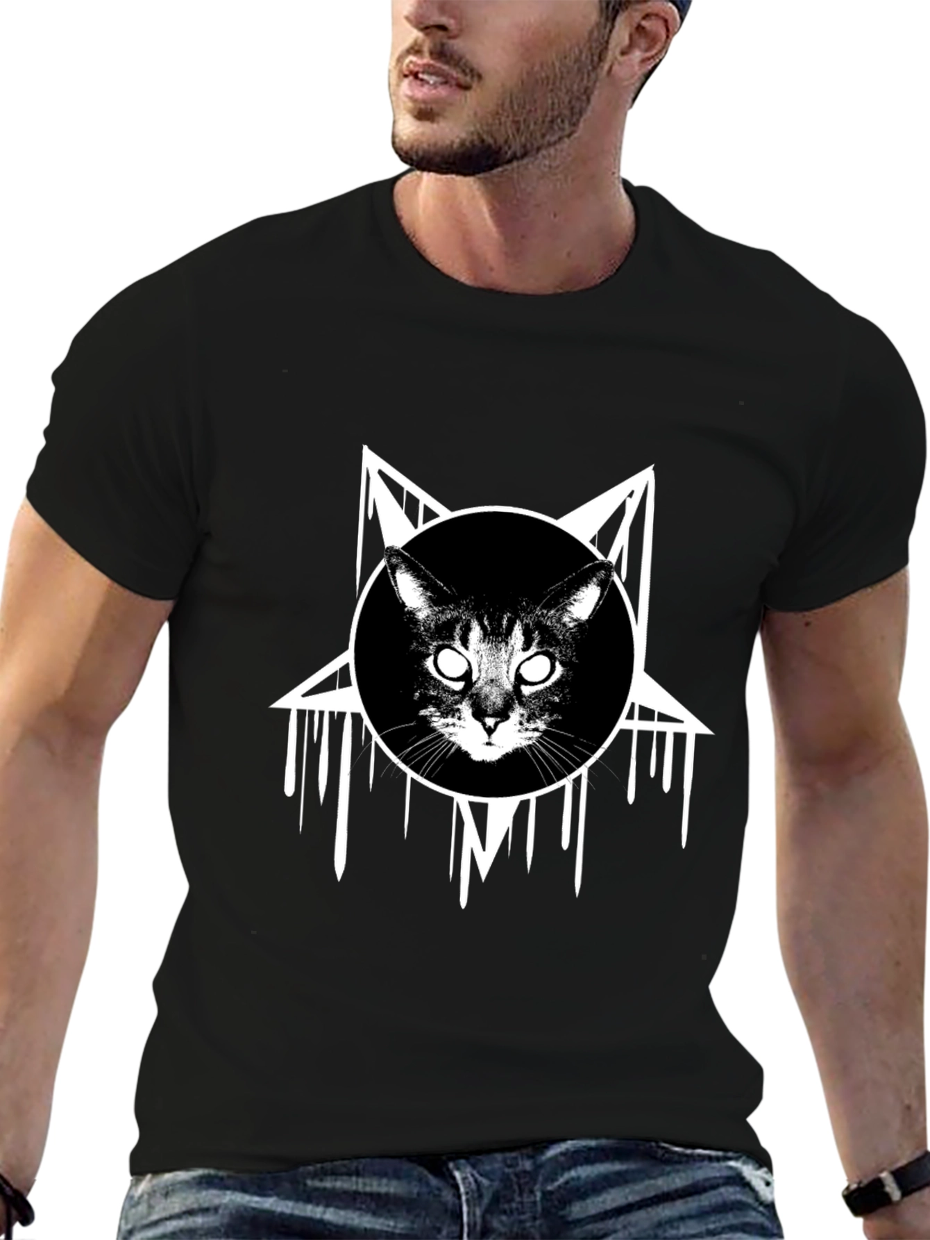 Occult Cat Graphic Tee - Black Cotton T-Shirt