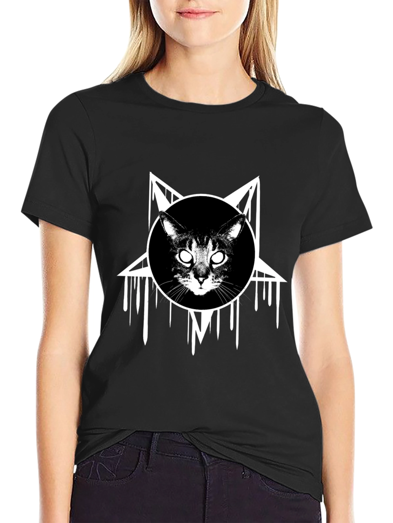 Occult Cat Graphic Tee - Black Cotton T-Shirt