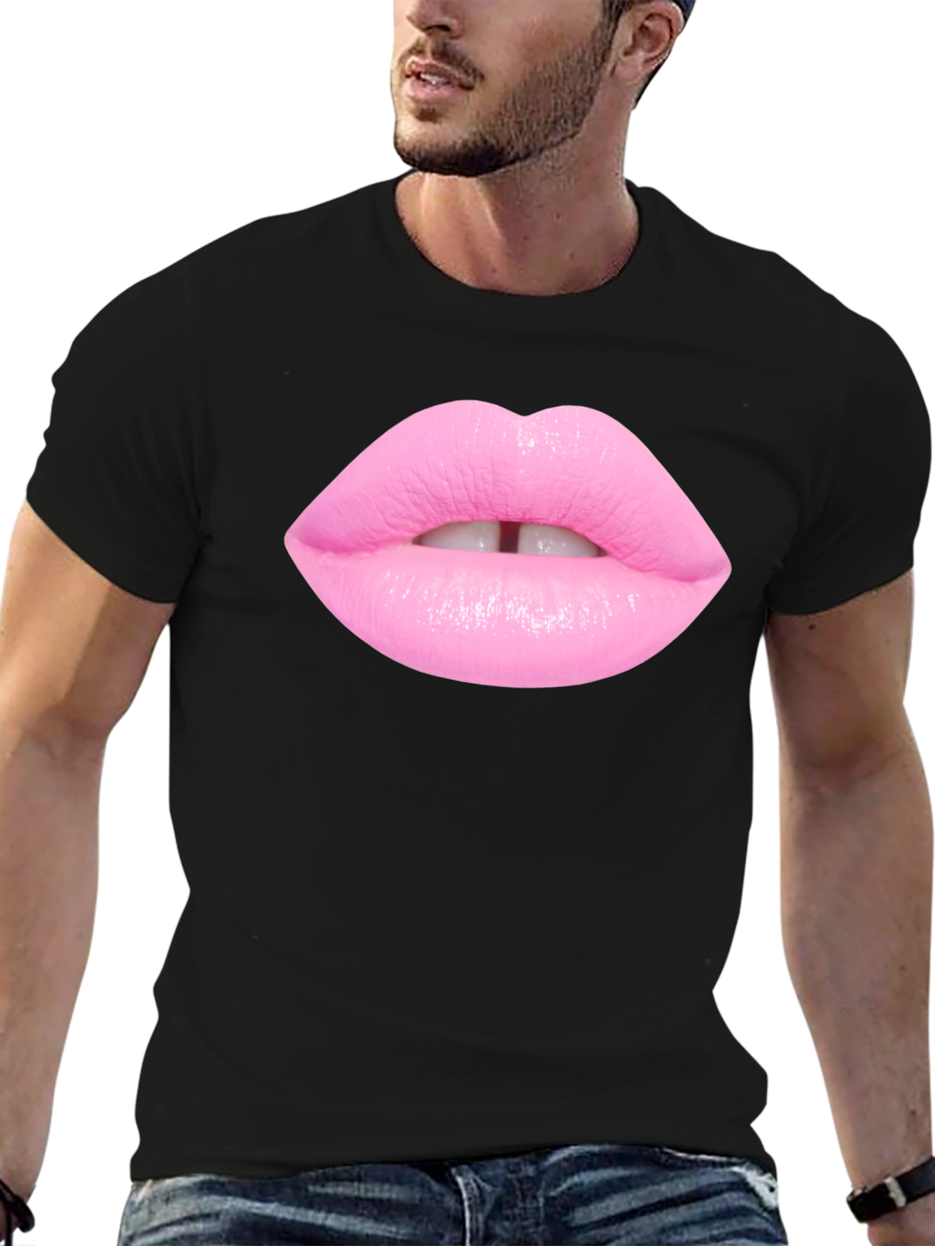 Pink Lips Graphic Print Black T-Shirt