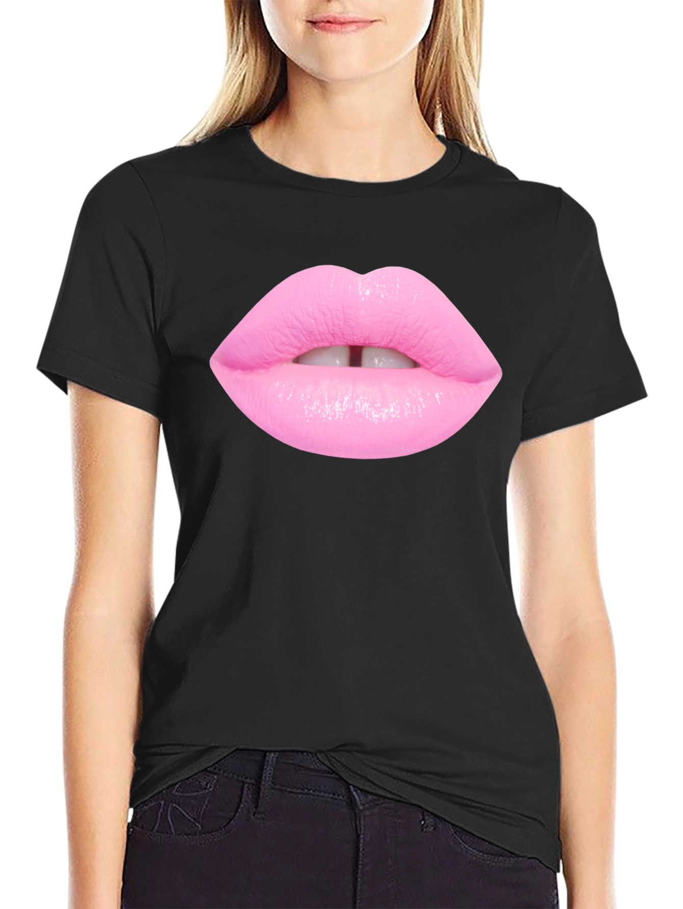 Pink Lips Graphic Print Black T-Shirt