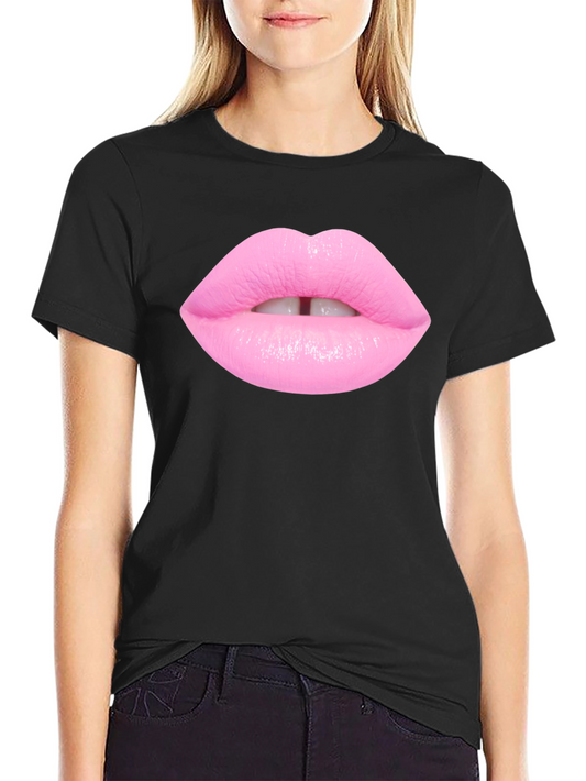 Pink Lips Graphic Print Black T-Shirt
