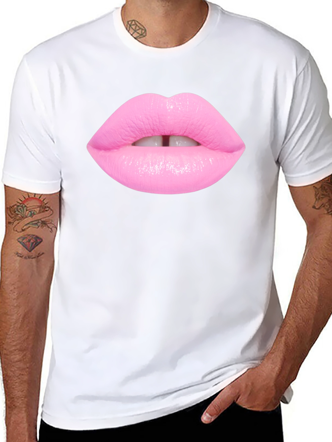 Pink Lips Graphic Print Black T-Shirt