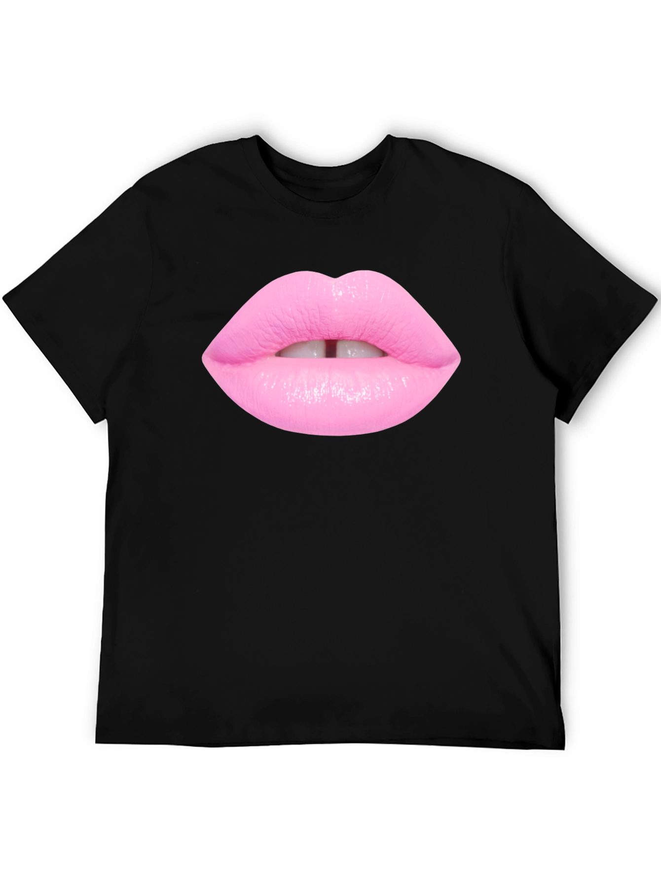 Pink Lips Graphic Print Black T-Shirt