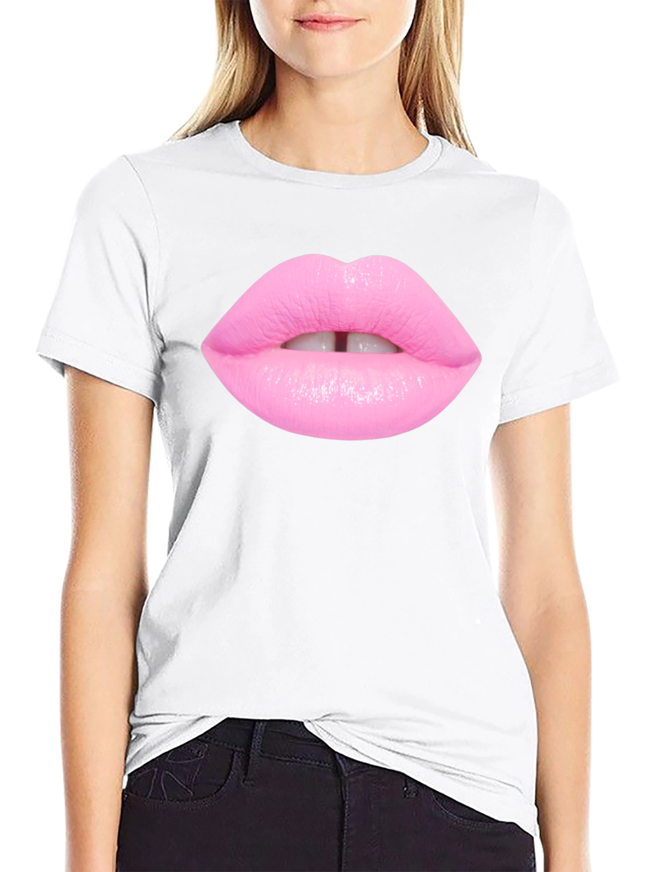 Pink Lips Graphic Print Black T-Shirt