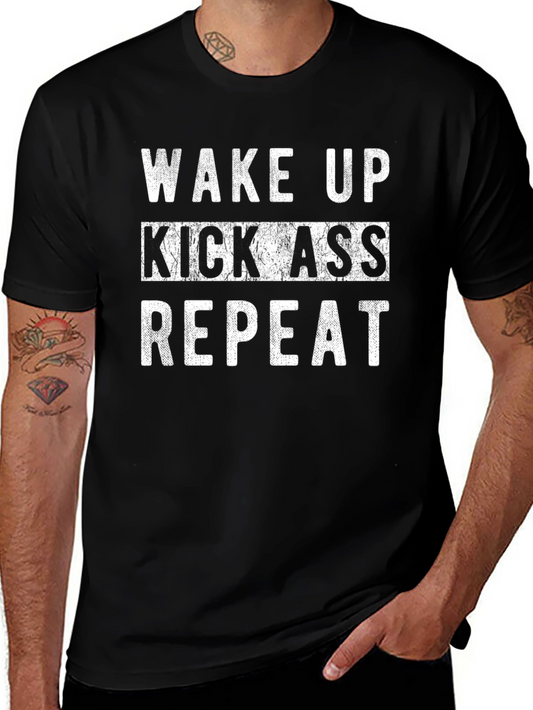 Wake Up Kick Ass Repeat Black Graphic Tee