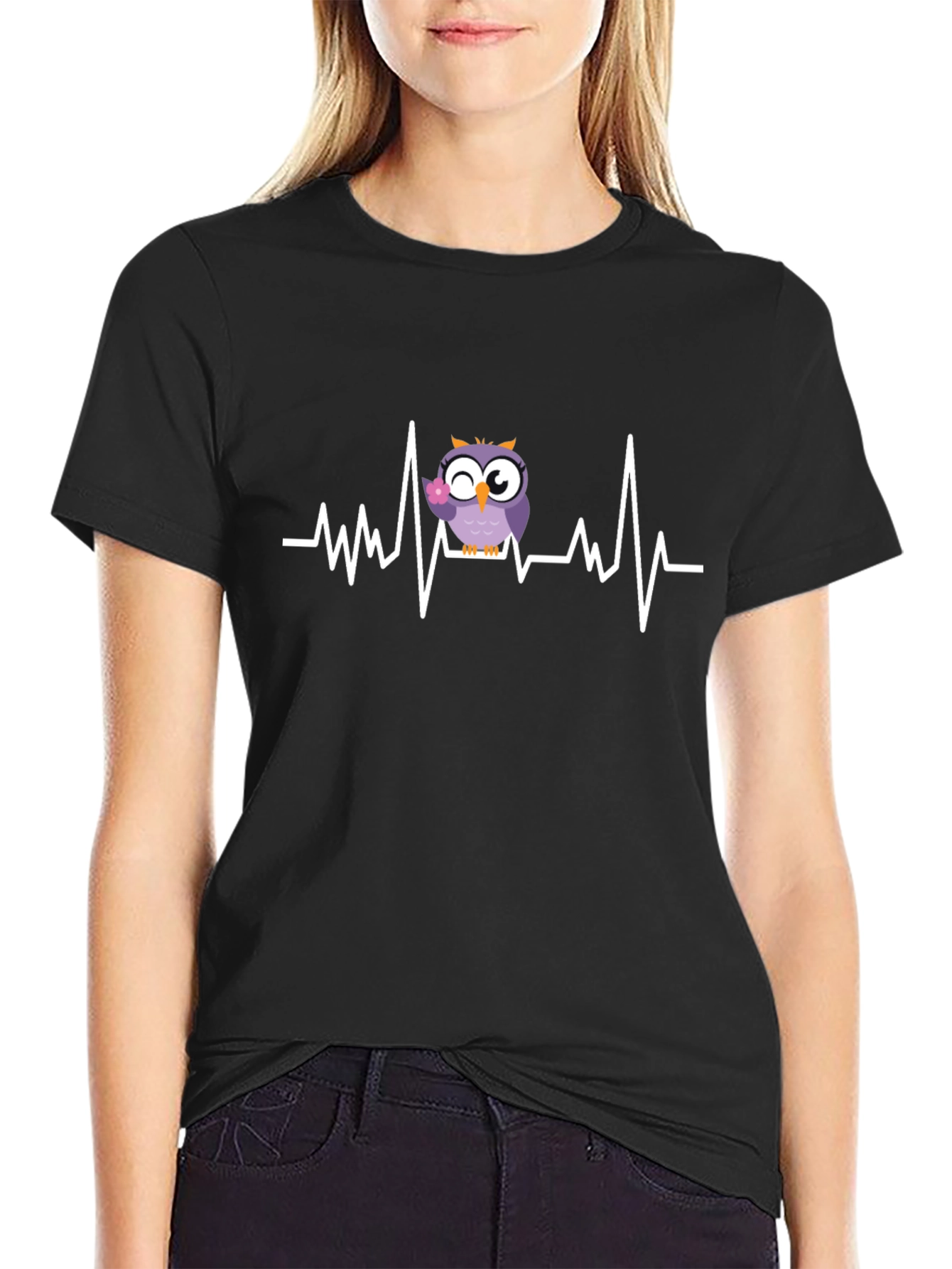 Owl Heartbeat Graphic Tee - Black Cotton