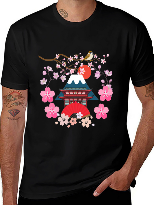 Japanese Art T-Shirt - Bird Blossoms and Mountain