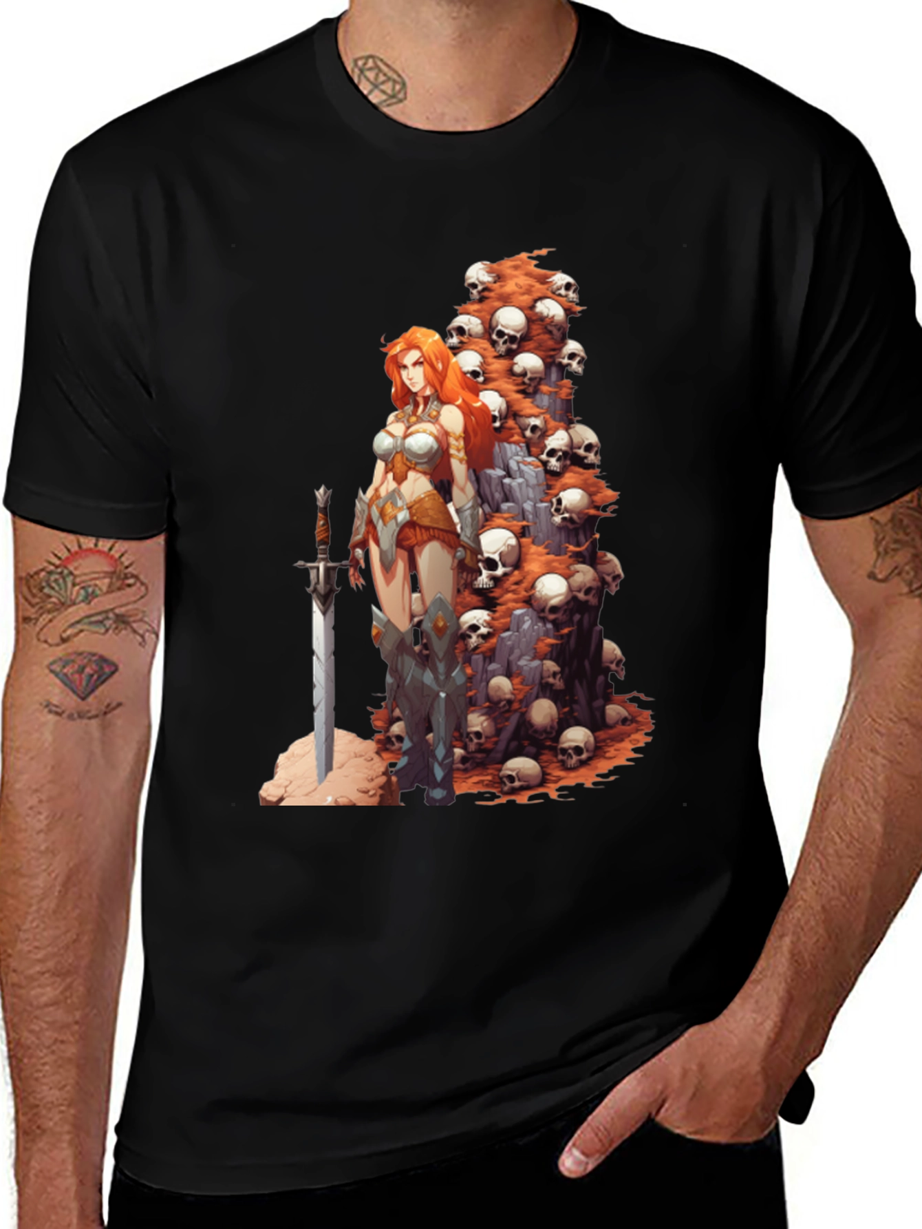 Warrior Woman & Skulls Graphic Tee - Black