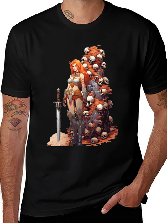 Warrior Woman & Skulls Graphic Tee - Black